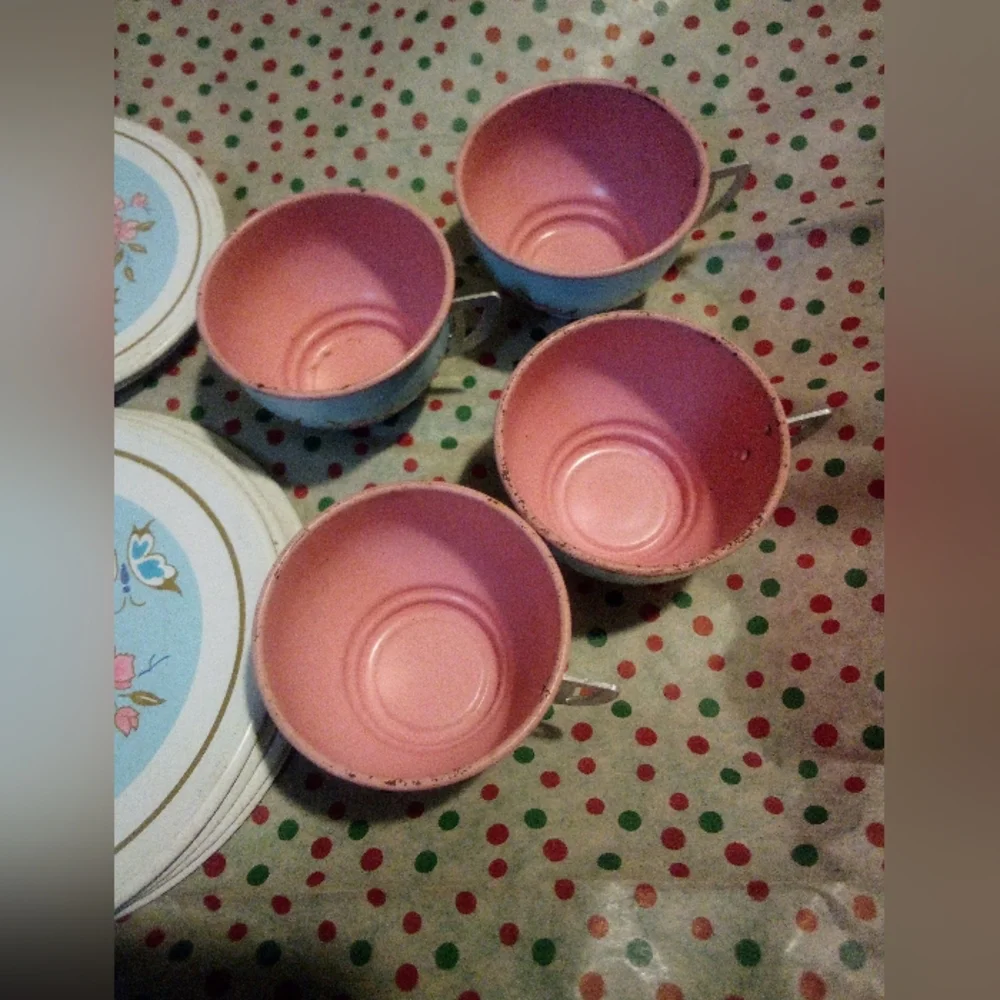 Vintage Metal Toy Dishes Dollhouse Pink Flower Butterfly
